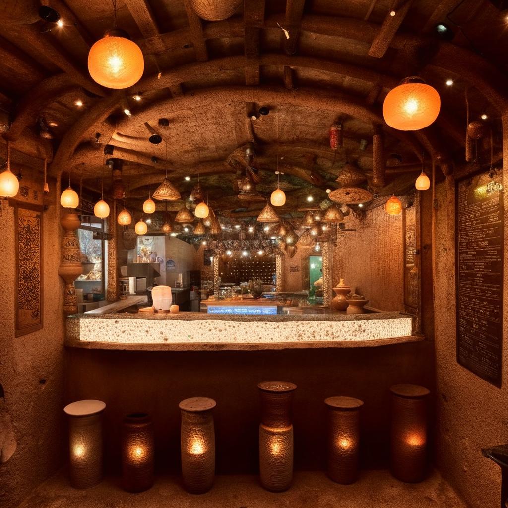 A restaurant in a traditional Indian Dhaba style featuring a large fish tank. The space is filled with rustic furnishings, clay pots, and warm lantern lights.