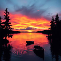A stunning sunset over a tranquil lake, bursting with vibrant orange, pink, and purple hues reflecting on the water's surface