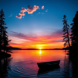 A stunning sunset over a tranquil lake, bursting with vibrant orange, pink, and purple hues reflecting on the water's surface