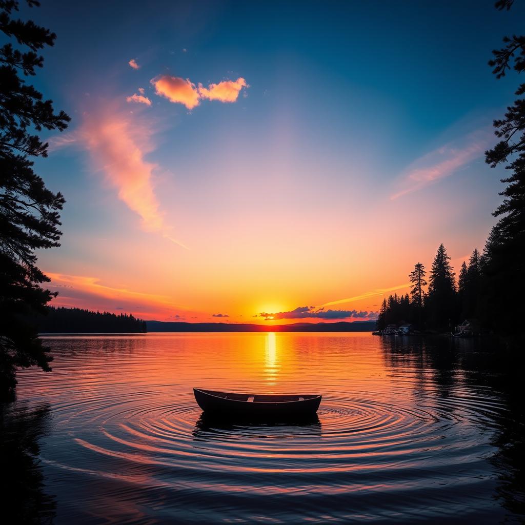 A stunning sunset over a tranquil lake, bursting with vibrant orange, pink, and purple hues reflecting on the water's surface