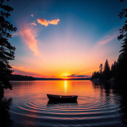 A stunning sunset over a tranquil lake, bursting with vibrant orange, pink, and purple hues reflecting on the water's surface