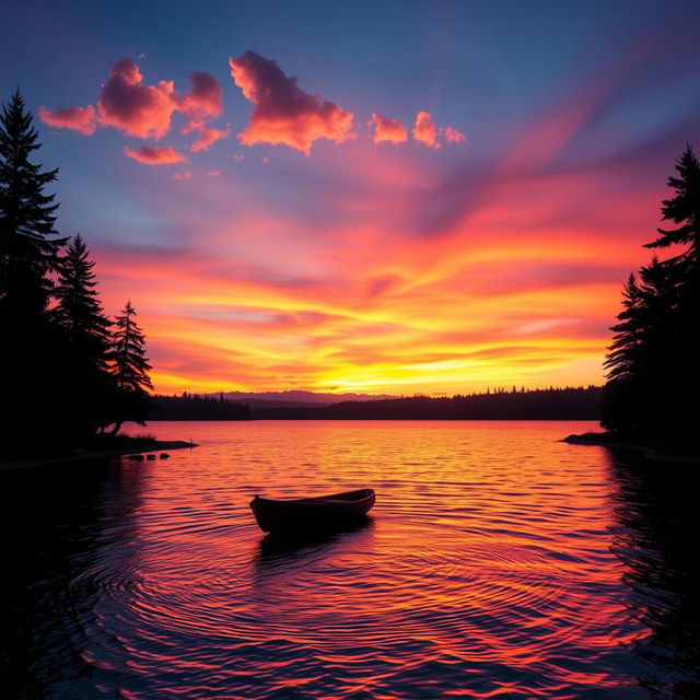 A stunning sunset over a tranquil lake, bursting with vibrant orange, pink, and purple hues reflecting on the water's surface