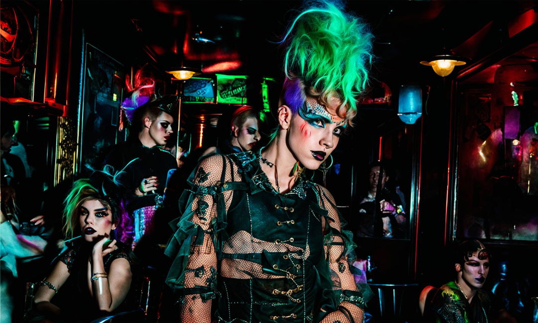 A punk rococo fusion model in an underground London nightclub, captured with a Sony α7R IV and Sony FE 55mm lens.