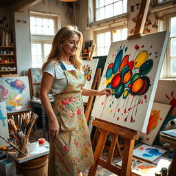 A vibrant scene of an artist at work, creating a masterpiece on a large canvas