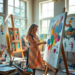 A vibrant scene of an artist at work, creating a masterpiece on a large canvas