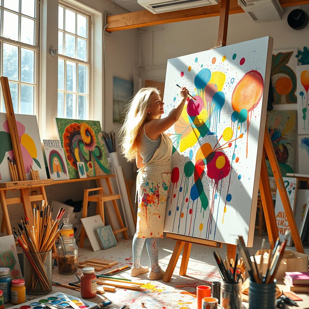 A vibrant scene of an artist at work, creating a masterpiece on a large canvas