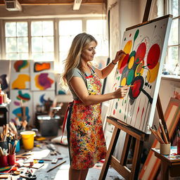 A vibrant scene of an artist at work, creating a masterpiece on a large canvas