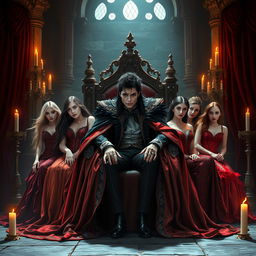 Michael Jackson reimagined as the Vampire King, sitting majestically on a grand throne inside a dark, gothic castle