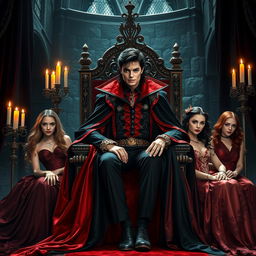 Michael Jackson reimagined as the Vampire King, sitting majestically on a grand throne inside a dark, gothic castle