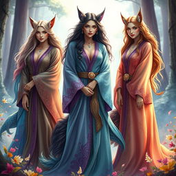 A stunning group of shifter women dressed in flowing Marin robes that shimmer in vibrant hues