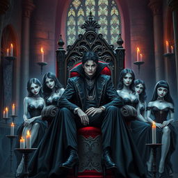 A young Michael Jackson depicted as the Vampire King, seated majestically on an ornate throne inside a dark, eerie castle