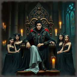 A young Michael Jackson depicted as the Vampire King, seated majestically on an ornate throne inside a dark, eerie castle