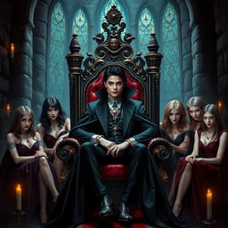 A young Michael Jackson depicted as the Vampire King, seated majestically on an ornate throne inside a dark, eerie castle