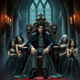 A young Michael Jackson depicted as the Vampire King, seated majestically on an ornate throne inside a dark, eerie castle