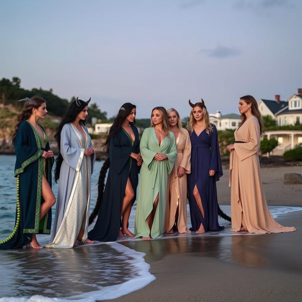 A captivating scene featuring shifter women dressed in elegant Marin robes, inspired by the coastal vibe of Saltmarsh