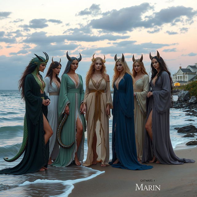 A captivating scene featuring shifter women dressed in elegant Marin robes, inspired by the coastal vibe of Saltmarsh