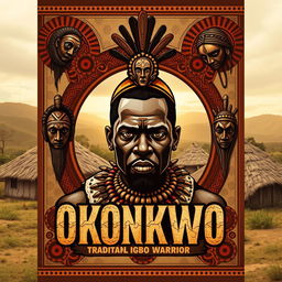 A striking front cover design featuring a powerful central image of Okonkwo, a traditional Igbo warrior, depicted with strong features and a determined expression