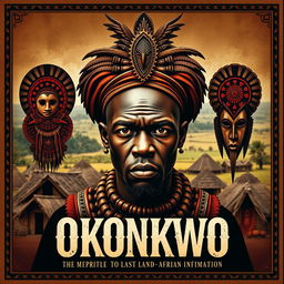 A striking front cover design featuring a powerful central image of Okonkwo, a traditional Igbo warrior, depicted with strong features and a determined expression