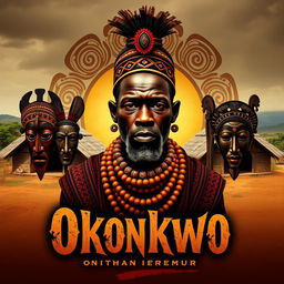 A striking front cover design featuring a powerful central image of Okonkwo, a traditional Igbo warrior, depicted with strong features and a determined expression