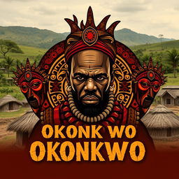 A striking front cover design featuring a powerful central image of Okonkwo, a traditional Igbo warrior, depicted with strong features and a determined expression