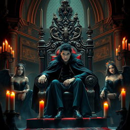 Michael Jackson as the Vampire King, sitting majestically on a grand throne within an elaborate gothic castle