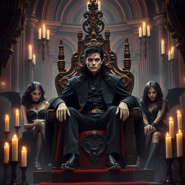 Michael Jackson as the Vampire King, sitting majestically on a grand throne within an elaborate gothic castle