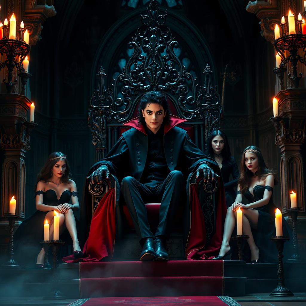 Michael Jackson as the Vampire King, sitting majestically on a grand throne within an elaborate gothic castle