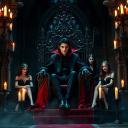 Michael Jackson as the Vampire King, sitting majestically on a grand throne within an elaborate gothic castle