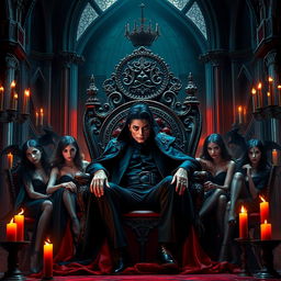 Michael Jackson as the Vampire King, sitting majestically on a grand throne within an elaborate gothic castle