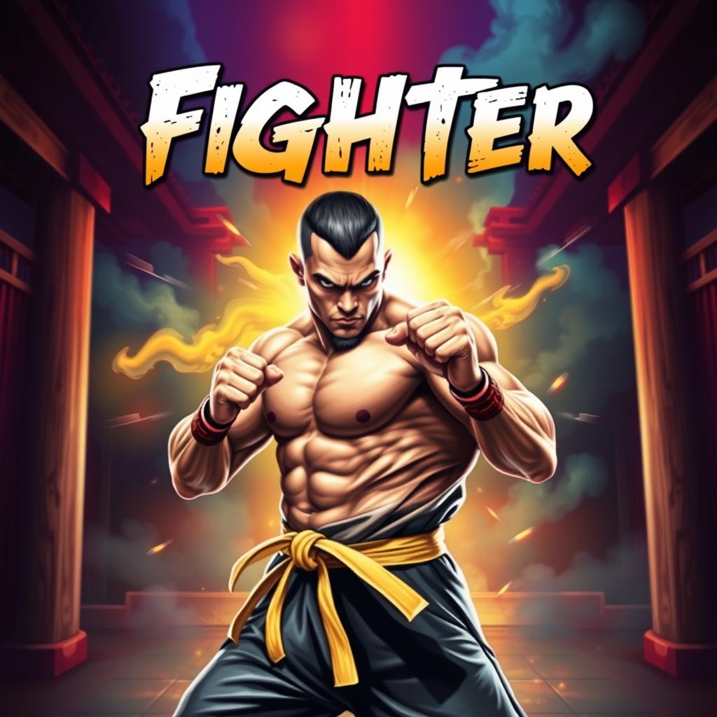 A fighter book cover design featuring a muscular, intense-looking martial artist in a striking pose, wearing traditional martial arts attire