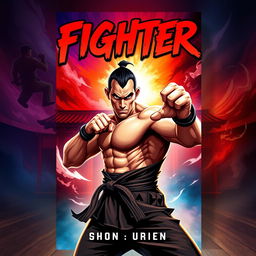 A fighter book cover design featuring a muscular, intense-looking martial artist in a striking pose, wearing traditional martial arts attire