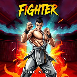 A fighter book cover design featuring a muscular, intense-looking martial artist in a striking pose, wearing traditional martial arts attire