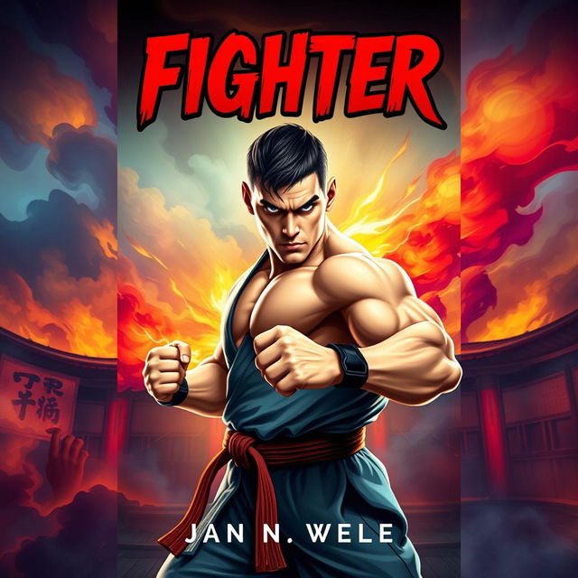 A fighter book cover design featuring a muscular, intense-looking martial artist in a striking pose, wearing traditional martial arts attire