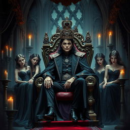 A 40-year-old Michael Jackson depicted as the Vampire King sitting regally on an ornate throne inside a dimly lit, gothic castle