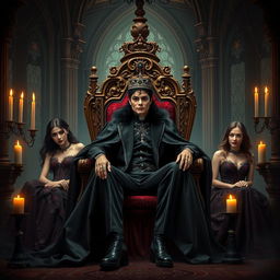 A 40-year-old Michael Jackson depicted as the Vampire King sitting regally on an ornate throne inside a dimly lit, gothic castle