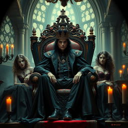 A 40-year-old Michael Jackson depicted as the Vampire King sitting regally on an ornate throne inside a dimly lit, gothic castle