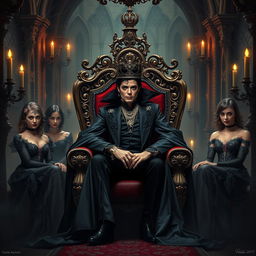 A 40-year-old Michael Jackson depicted as the Vampire King sitting regally on an ornate throne inside a dimly lit, gothic castle