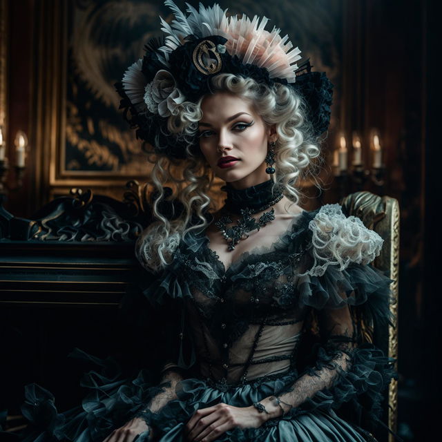 A photograph capturing a woman dressed in a fusion of Rococo and Gothic styles, taken with a Sony α7R IV and Sony FE 24-70mm lens in a grand Rococo-style room