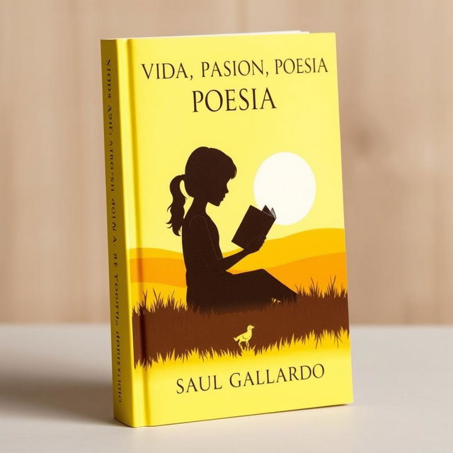 A book cover for a poetry collection featuring the silhouette of a girl sitting with a book, surrounded by a bright sunny yellow landscape