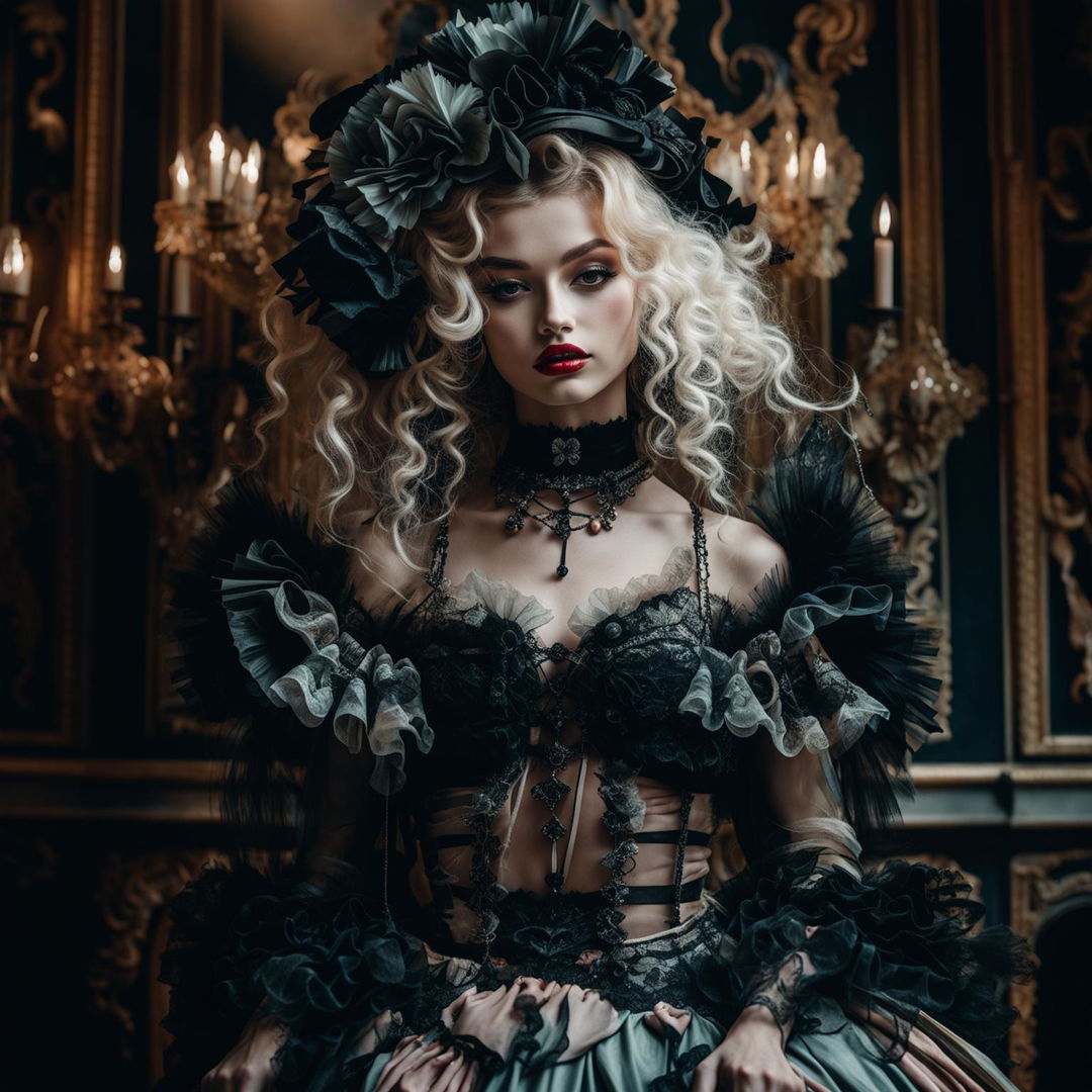 A photograph of a 19-year-old model in Rococo style with Gothic elements, featuring big Rococo hair and red full lips, taken with a Sony α7R IV and Sony FE 70mm lens