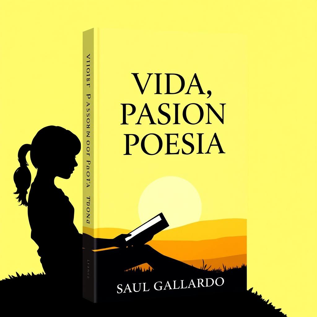 A straight book cover design for a poetry collection featuring the silhouette of a girl sitting with a book, against a bright sunny yellow landscape