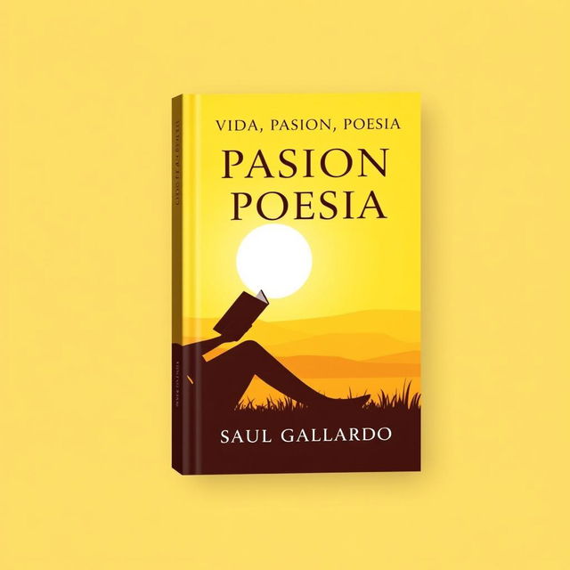 A straight book cover design for a poetry collection featuring the silhouette of a girl sitting with a book, against a bright sunny yellow landscape