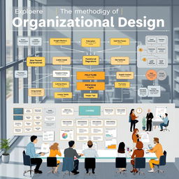 Exploring the methodology of organizational design, illustrating concepts like structure, culture, processes, and strategies