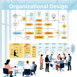 Exploring the methodology of organizational design, illustrating concepts like structure, culture, processes, and strategies