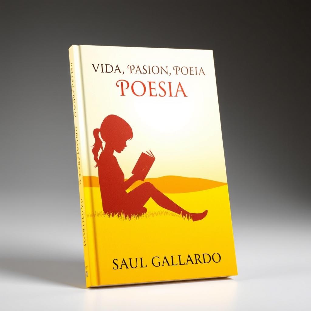 A standing book cover without inclination for a poetry collection featuring the silhouette of a girl sitting with a book, set against a vibrant yellow sunny landscape