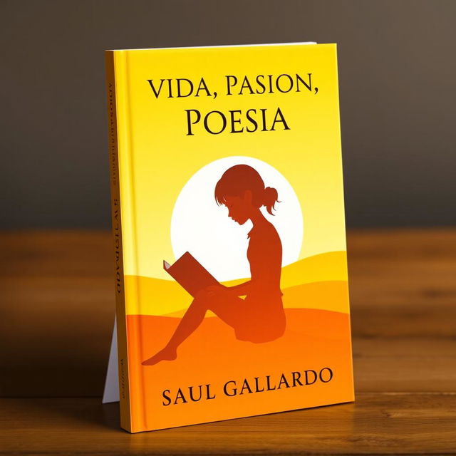 A standing book cover without inclination for a poetry collection featuring the silhouette of a girl sitting with a book, set against a vibrant yellow sunny landscape