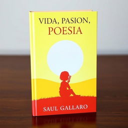 A standing book cover without inclination for a poetry collection featuring the silhouette of a girl sitting with a book, set against a vibrant yellow sunny landscape