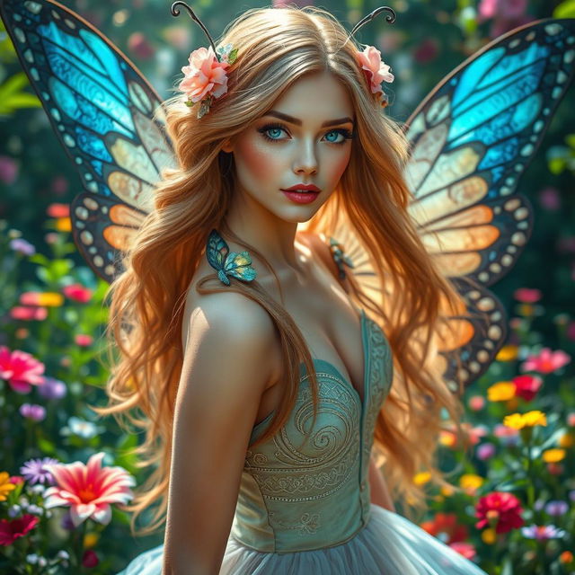 An enchanting and beautiful butterfly woman with ethereal wings, exuding elegance and grace