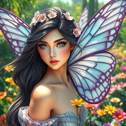 An enchanting and beautiful butterfly woman with ethereal wings, exuding elegance and grace