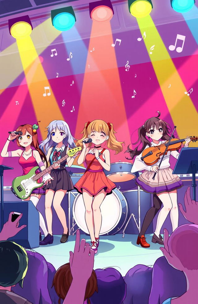 A vibrant illustration of a girl band consisting of six diverse members, each with unique hairstyles and outfits, playing lively on stage